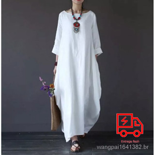 Vestido feminino de manga comprida de cor sólida em torno do pescoço longo vintage