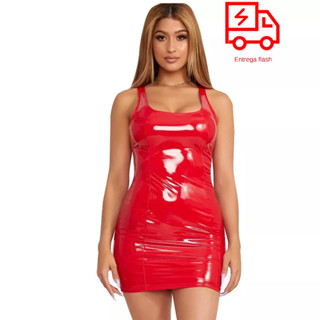 Vestido de festa curto sexy de couro sem mangas com zíper