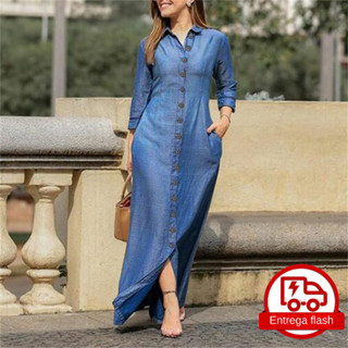Vestido jeans feminino manga longa lapela cor sólida Vestido