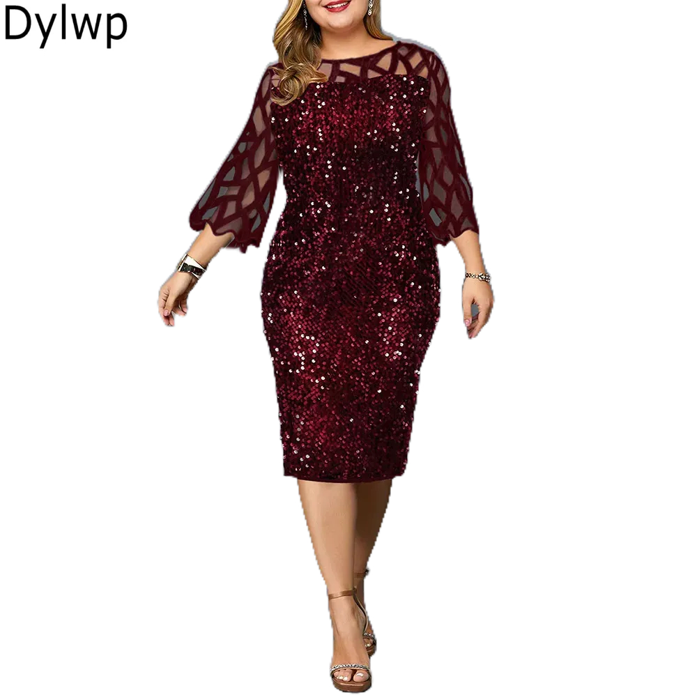 Plus Size P-5XG Vestido Feminino Festa Noite Elegante Temperamento Malha Slim Manga Longa Lantejoulas Vestidos