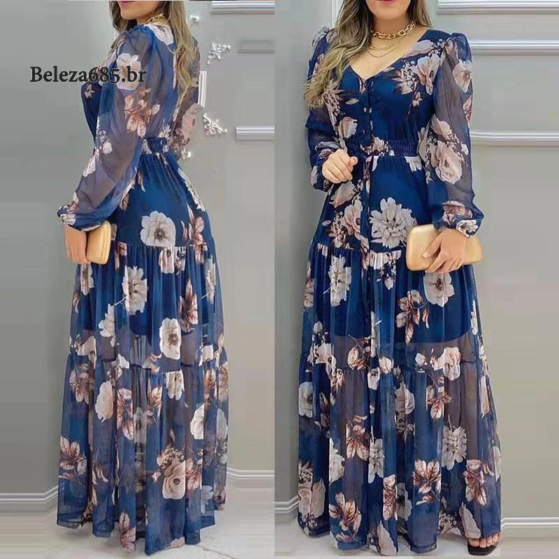 2022 Novo Vestido Chiffon de Pescoço em V Impresso Longo Estilo Chiffon Vestido longo Vestido feminino Vestido plus size Vestido longo plus size Vestido plu size feminino