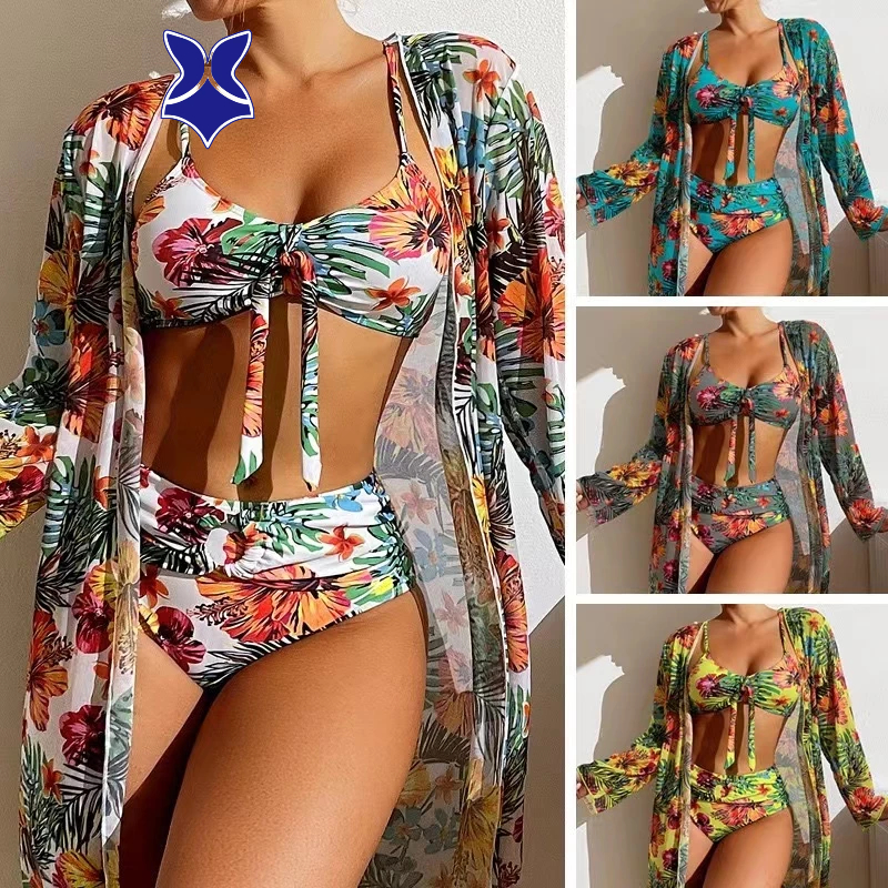 2025 novo estilo Sexy biquíni gaze conjunto de três peças reunindo Split impresso maiô feminino em Oferta na Shopee