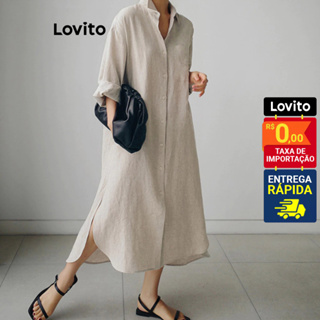 Lovito Vestido Feminino Longo Botões Frontais LNE20158 em Oferta na Shopee