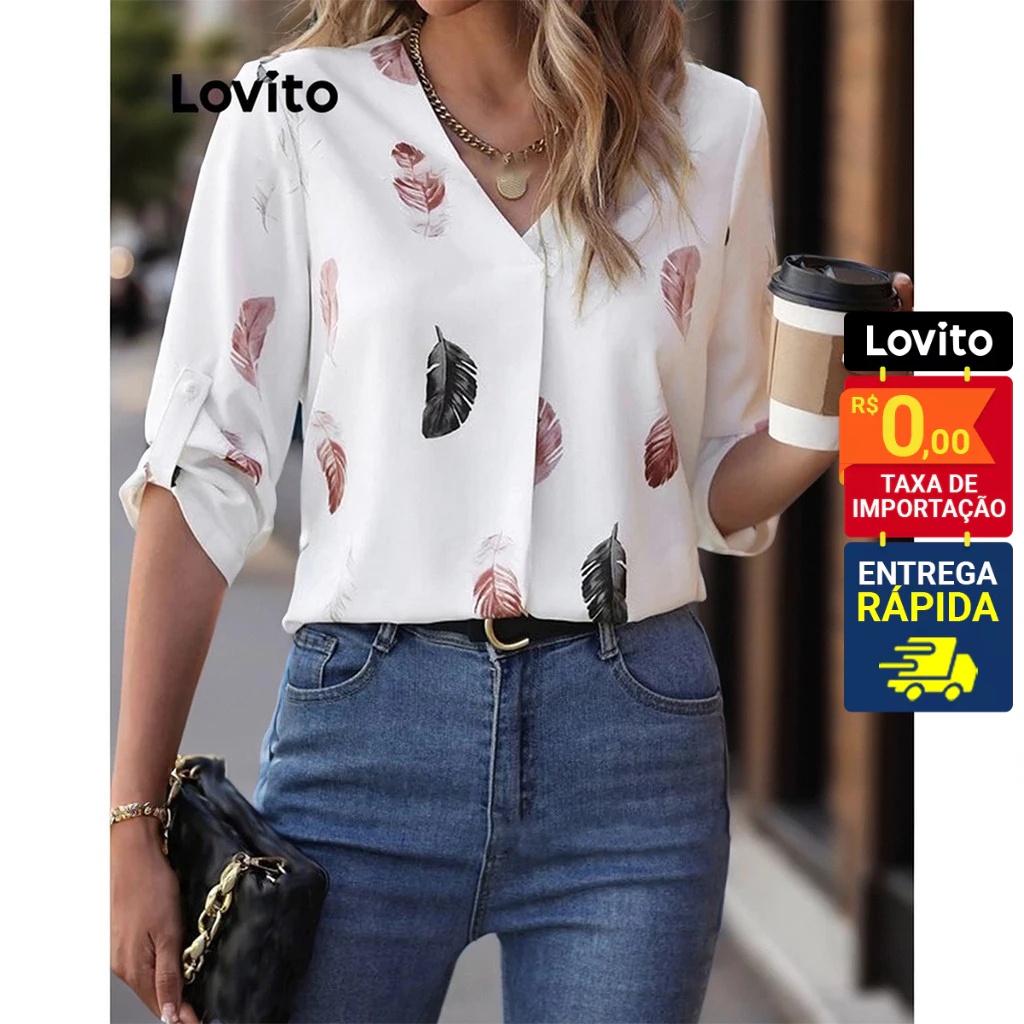 Lovito Blusa Camisa Meia Manga com Decote V Estampada com Penas Feminina LNE31096 em Oferta na Shopee