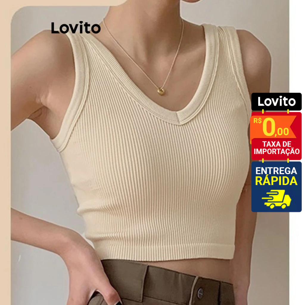 Lovito Casual Regata Feminina Lisa Cropped Básica com Decote V LNL40085
