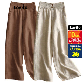Lovito x Glenda Calça Feminina Linho Casual com Botões LNE21224 em Oferta na Shopee