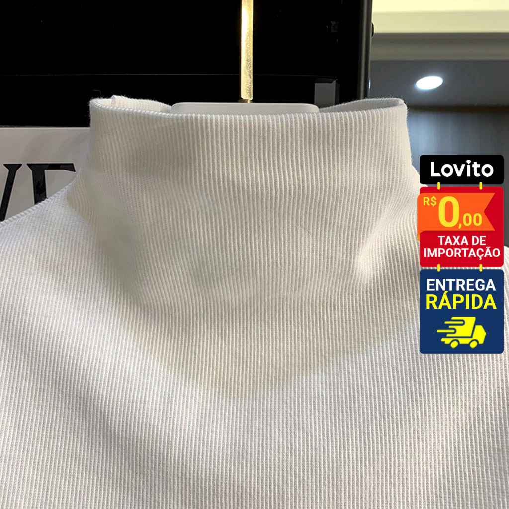 Detalhes do Lovito Camiseta Feminina Manga Curta tecido Canelado com Gola Alta LNE15039