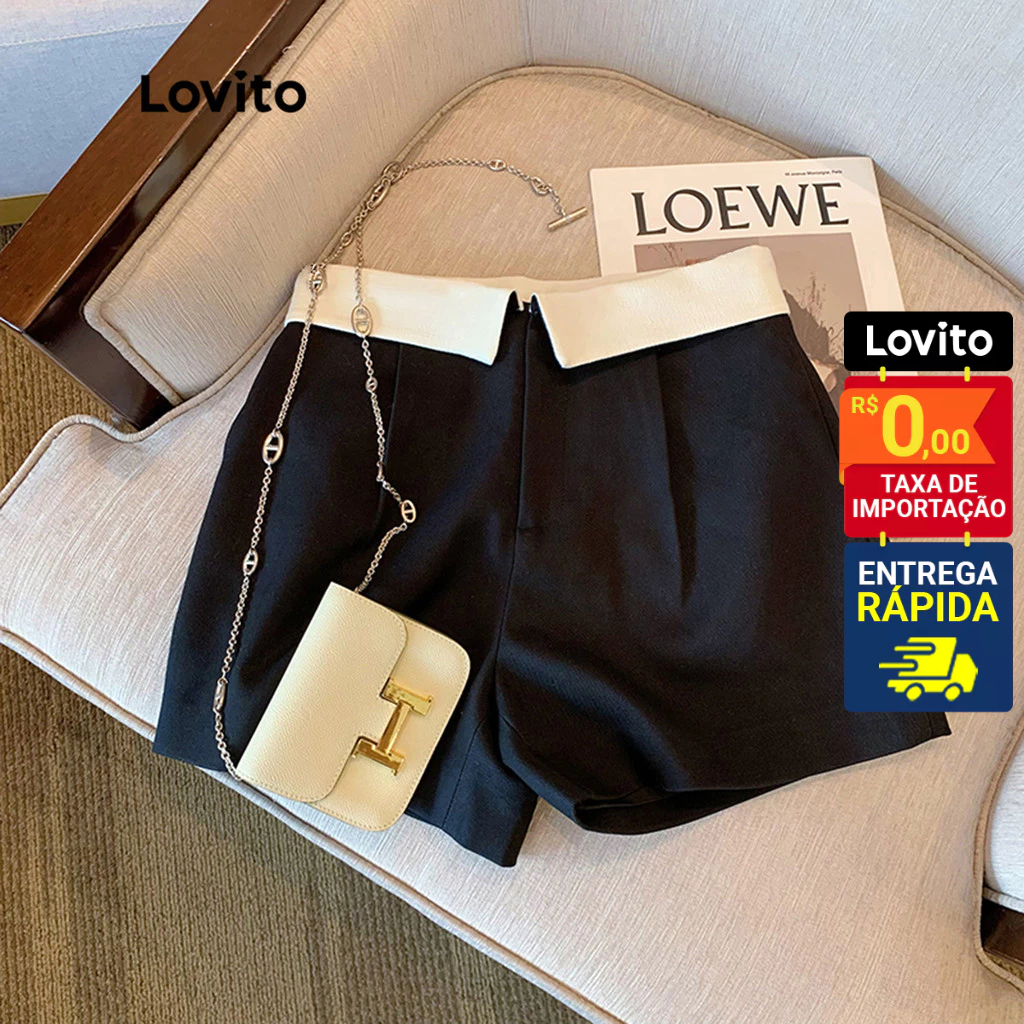 Lovito Shorts Feminino Curto com Cós Virado Contrastante  LNE10075 - Women Clothes