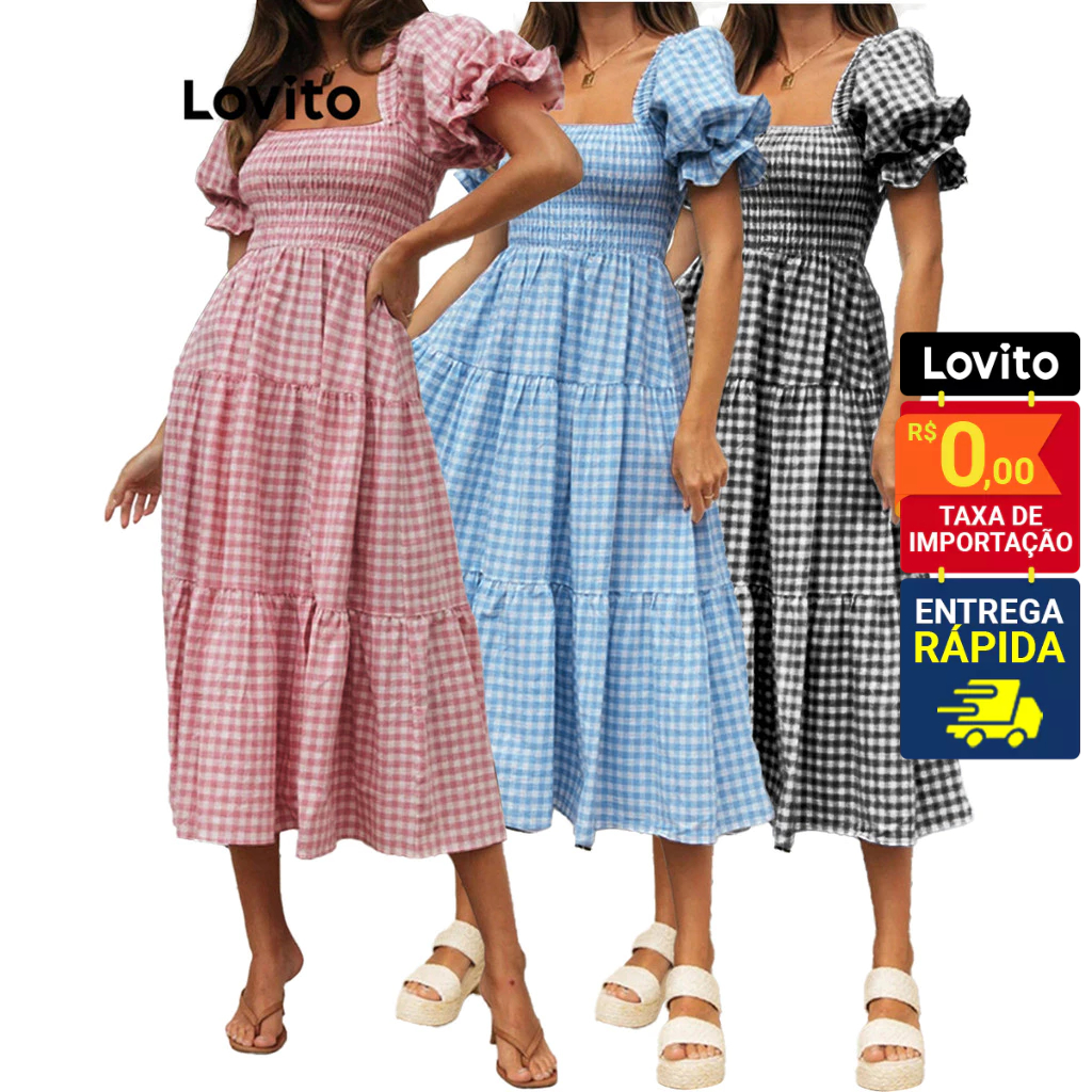 Lovito Vestido Feminino Midi Xadrez Manga Bufante LNL40066 - Women Clothes