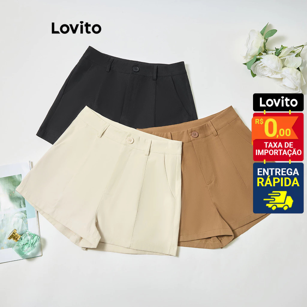 Lovito Casual Shorts Liso Zíper para Mulheres LNE43028