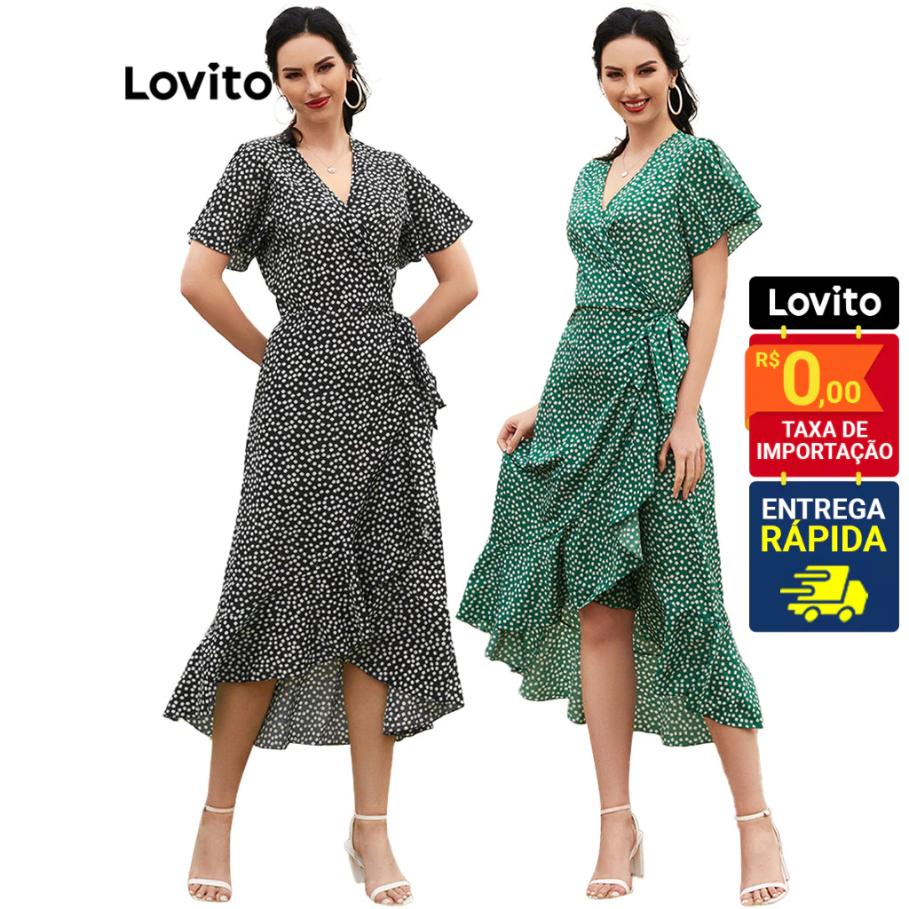 Lovito Vestido Babado com Bolinhas Decote V Transpassado Feminino Basico L12014
