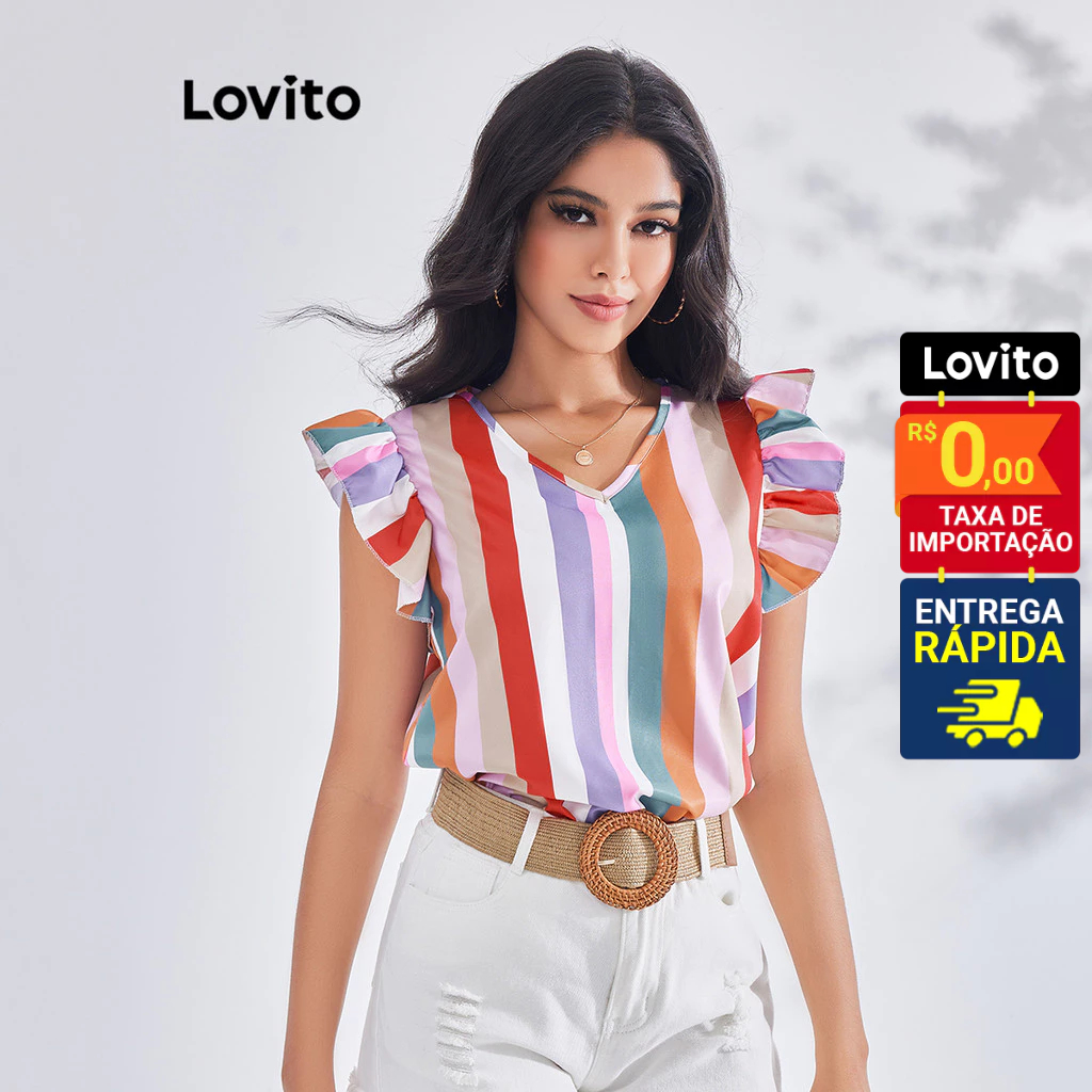 Lovito Blusa Camadas Duplas na Manga Blusa Curta Estampa Arco-iris  Feminina LBE03008