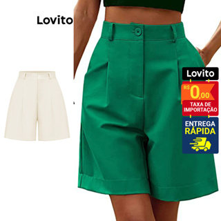 Lovito Shorts Feminino Plissado Liso Alongado com Bolso LNL43146 em Oferta na Shopee