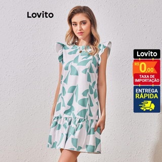 Lovito Vestido Feminino Curto Manga e Barra com Babado LBL07095 em Oferta na Shopee