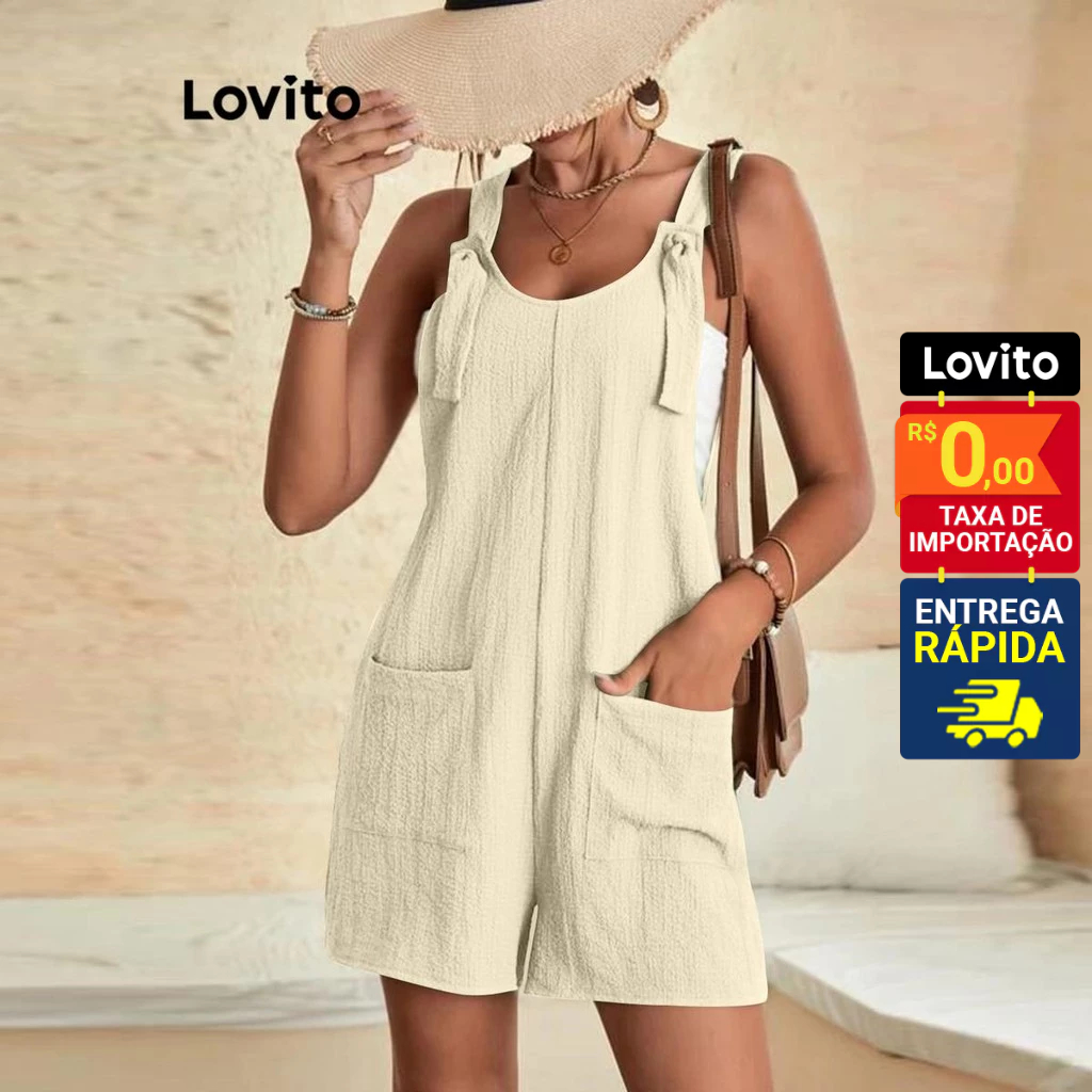 Lovito Macacão Feminino Curto Amarração Ombros e Bolsos LNL43077 - Women Clothes