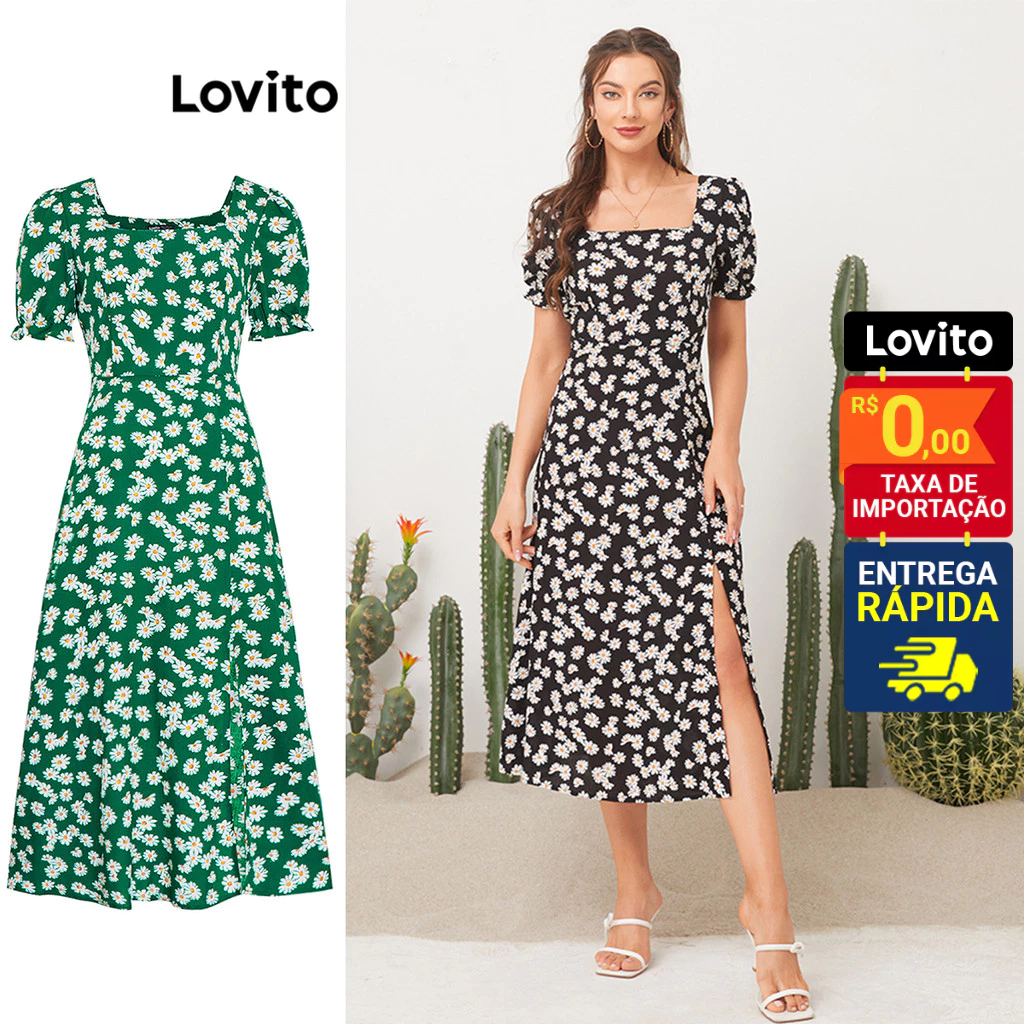 Lovito Vestido Midi Com Fenda Decote Quadrado Manga Curta Floral Feminino L11D32 - Women Clothes