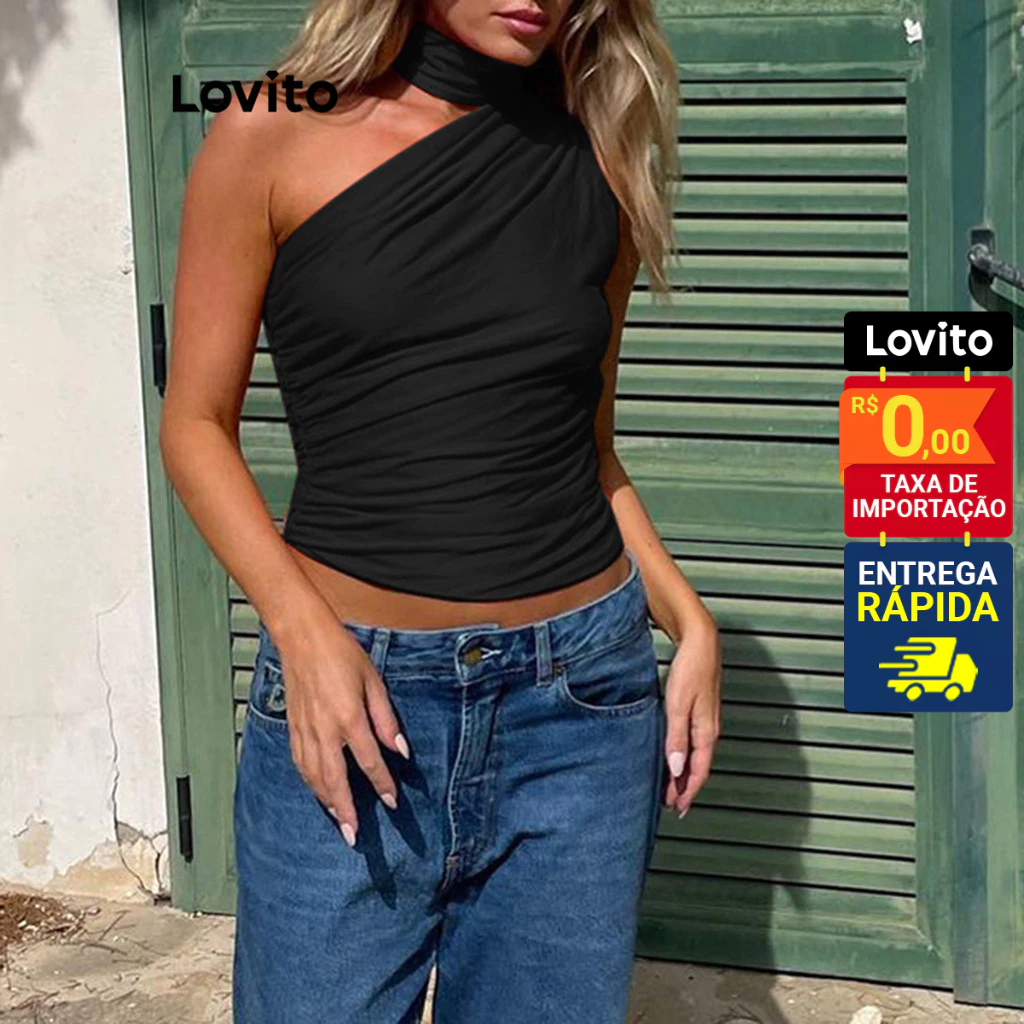 Lovito Casual Blusa Feminina Lisa de Amarrar com Ombro de Fora LNE31196