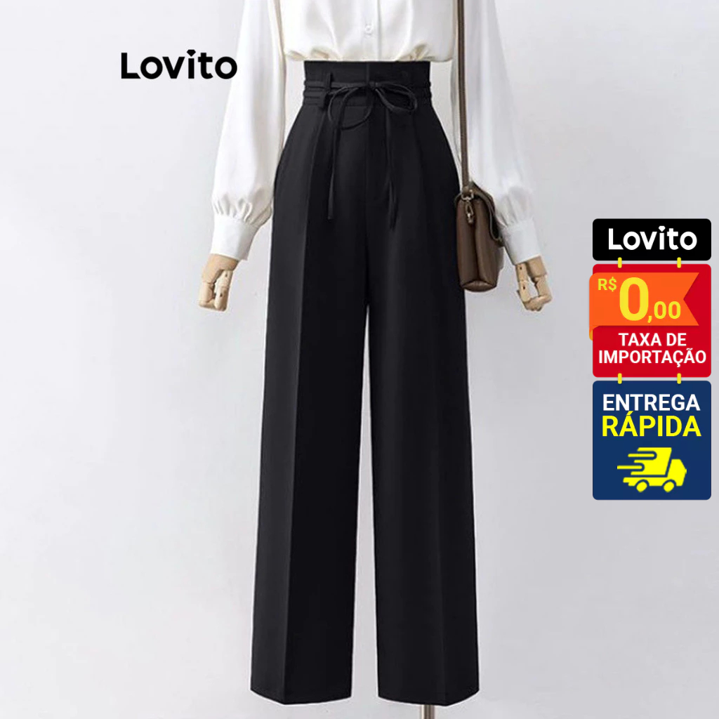 Lovito Elegante Calça Feminina Lisa de Amarrar LNE31118