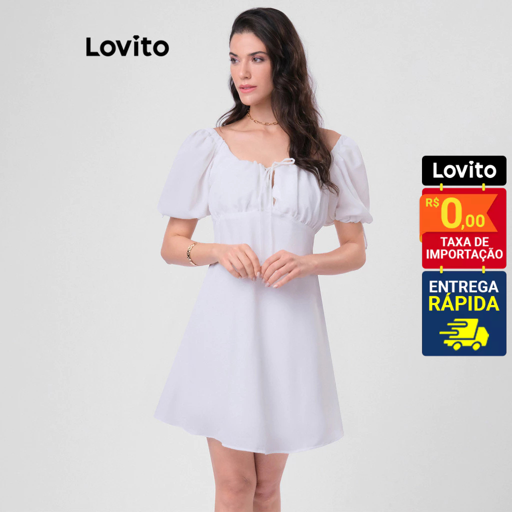 Lovito Vestido Curto  Decote Quadrado Manga Bufante Feminino LBRL045 em Oferta na Shopee