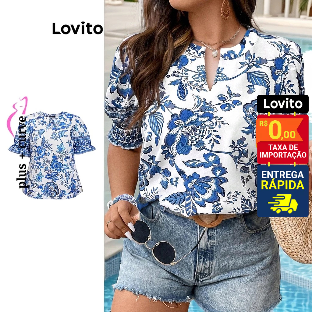 Lovito Blusa Plus Size Manga Curta Com Estampa Floral Feminina LBL09403 - Women Clothes