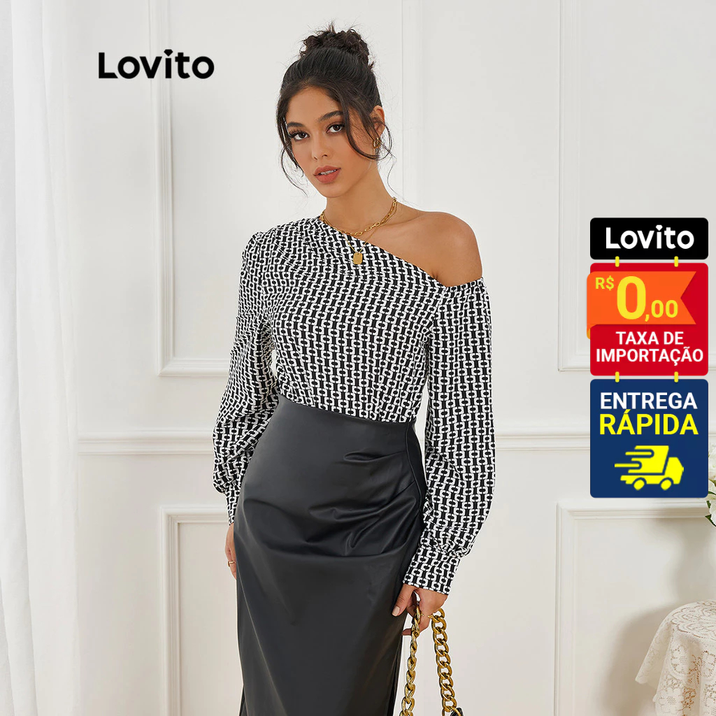 Lovito Blusa Feminina Assimétrica Estampa Geométrica Um Ombro só LBL10017