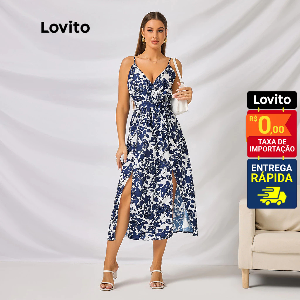 Lovito Boho Vestido Feminino de Plantas Cruzado Cintura Elástica e Fenda LBL09157