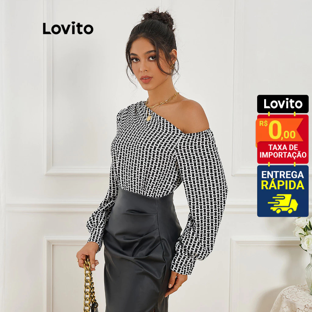 Lovito Blusa Feminina Assimétrica Estampa Geométrica Um Ombro só LBL10017