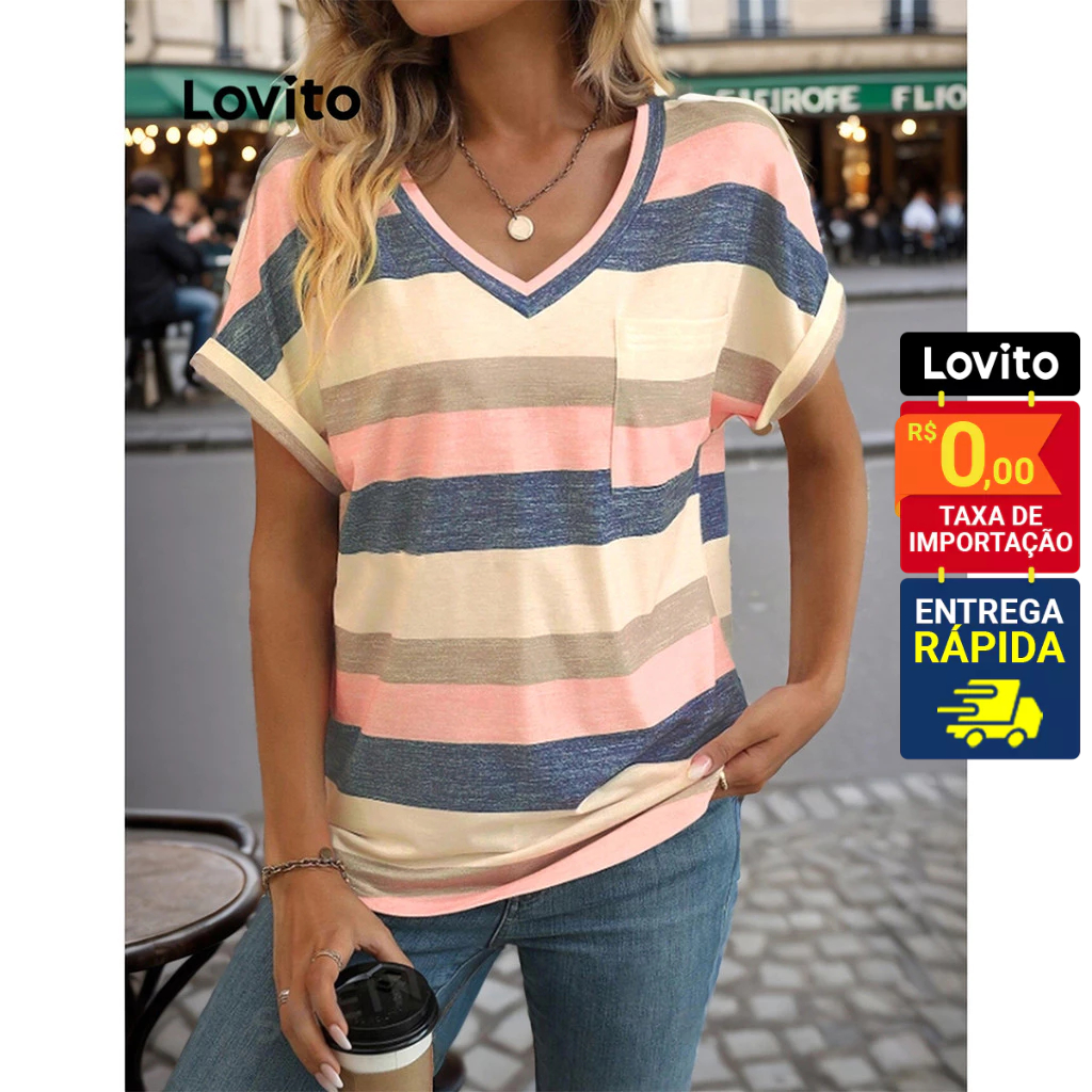 Lovito Camiseta Feminina Manga Curta Listrada Decote V LBL11025 - Women Clothes