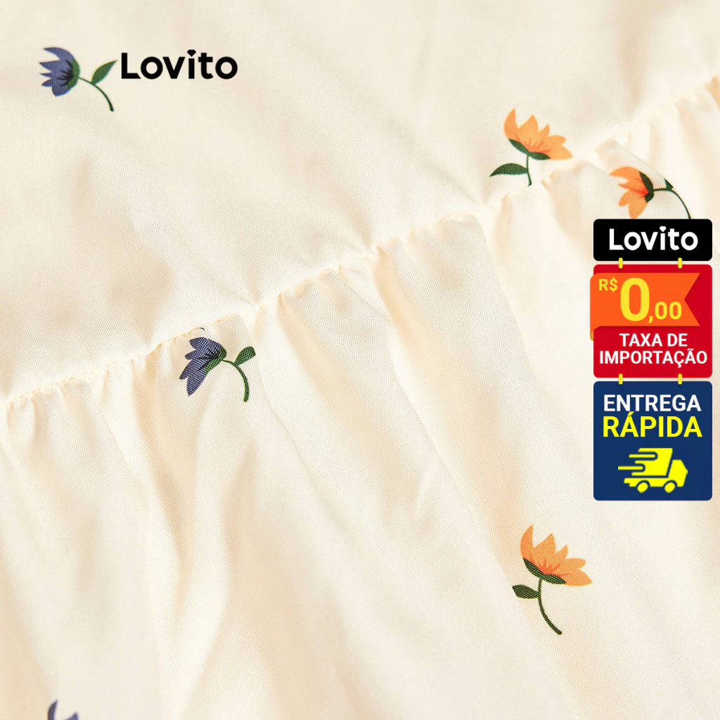 Detalhes do Lovito Vestido Feminino Estampa Floral com Babados na Barra L85AD271