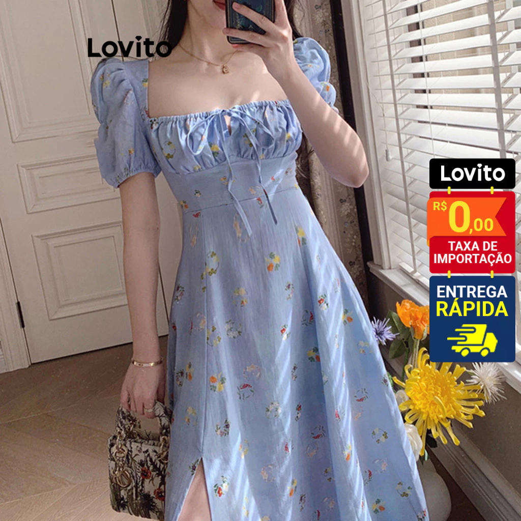Lovito x Glenda Vestido Midi Feminino com Busto Franzido e Cordão LNA37041 em Oferta na Shopee