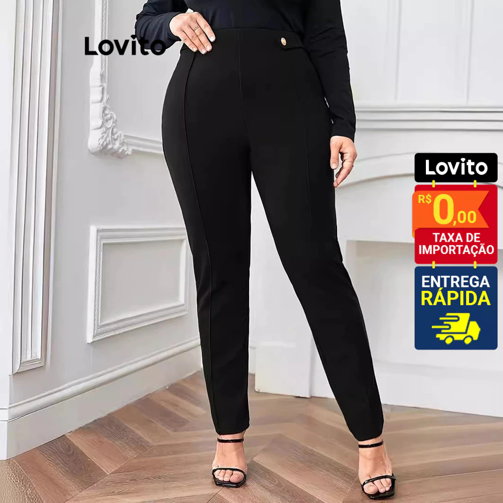 Lovito Calça Feminina Skinny Detalhe Botão Plus Size LNL60205 em Oferta na Shopee