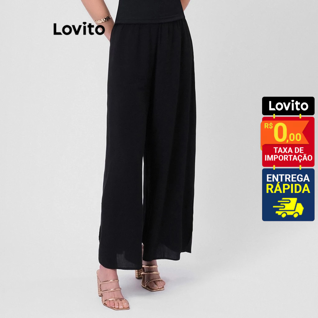 Lovito Calça Feminina Pantalona Elástico Cintura LBRL009 em Oferta na Shopee