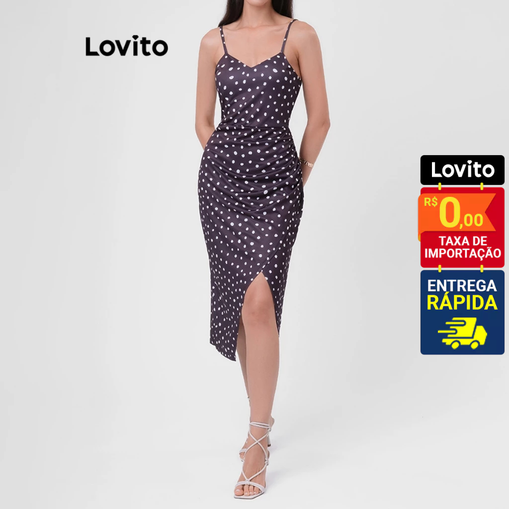 Lovito Vestido Elegante Decote V Polka Dot Ruffle Basico Feminino LB1BRL004 em Oferta na Shopee