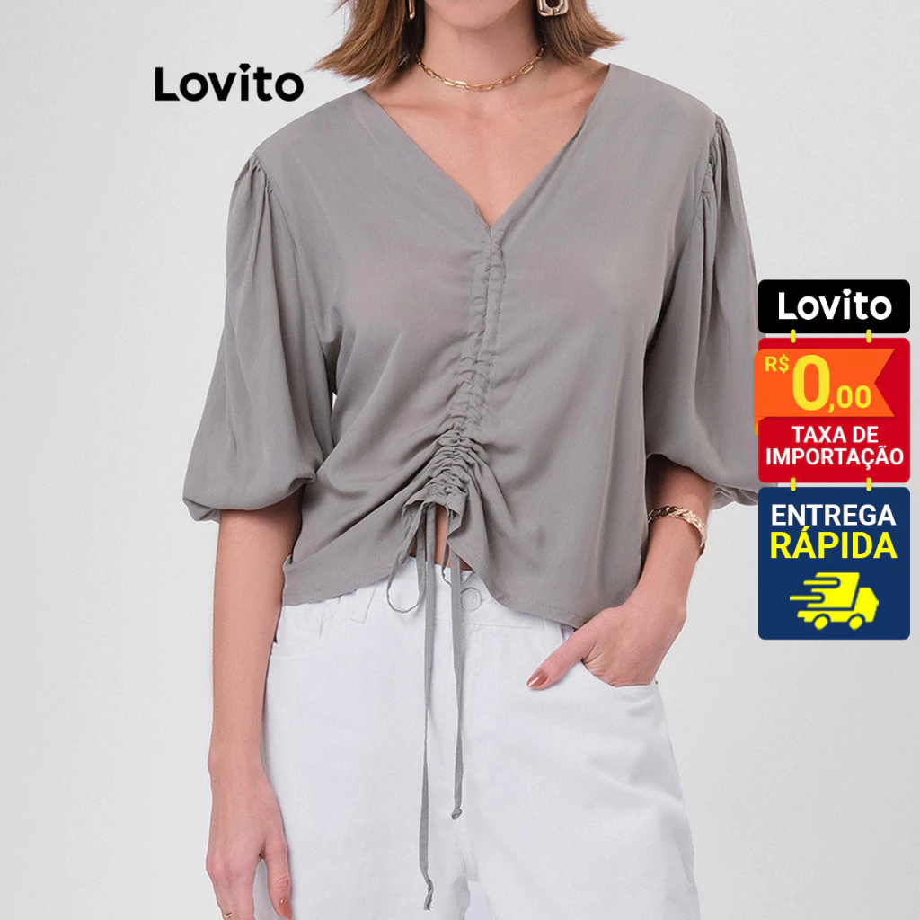 Lovito Blusa Transpassada na Frente com Amarracao Decote V manga Curta Feminina LBRL010 em Oferta na Shopee