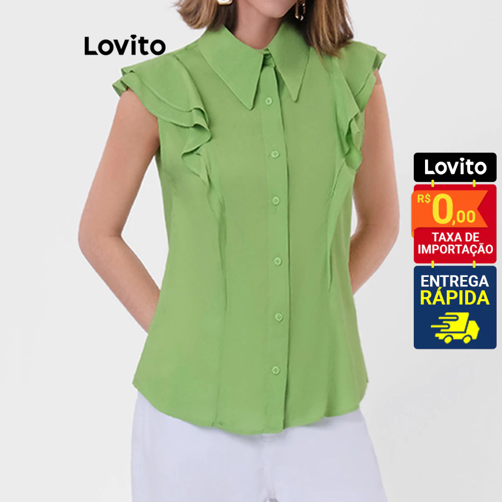 Lovito Camisa Manga Curta com Gola Padre Babados na Manga Vista com Botões Frontais Feminina LBRL038 - Women Clothes