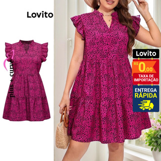 Lovito Vestido Feminino Manga Babado Estampado Plus Size LBL09438 em Oferta na Shopee