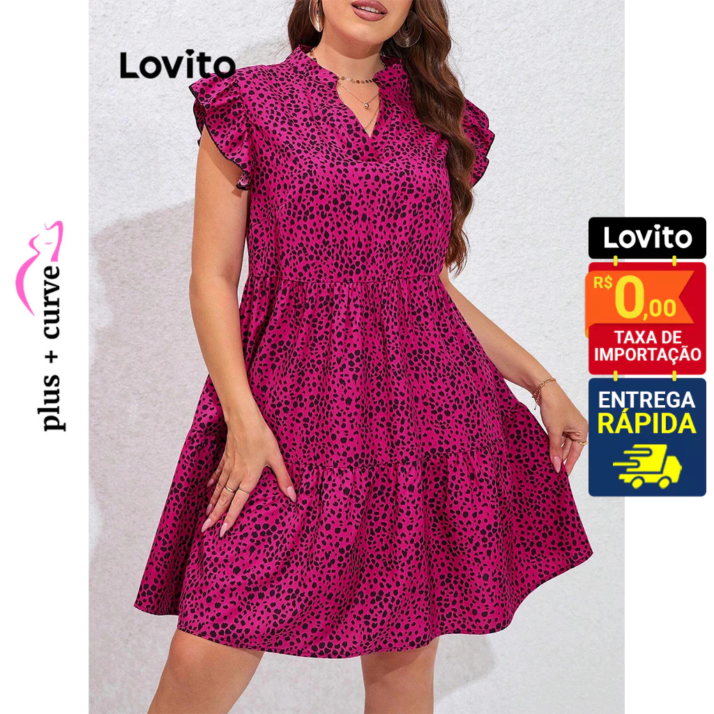Lovito Vestido Feminino Manga Babado Estampado Plus Size LBL09438
