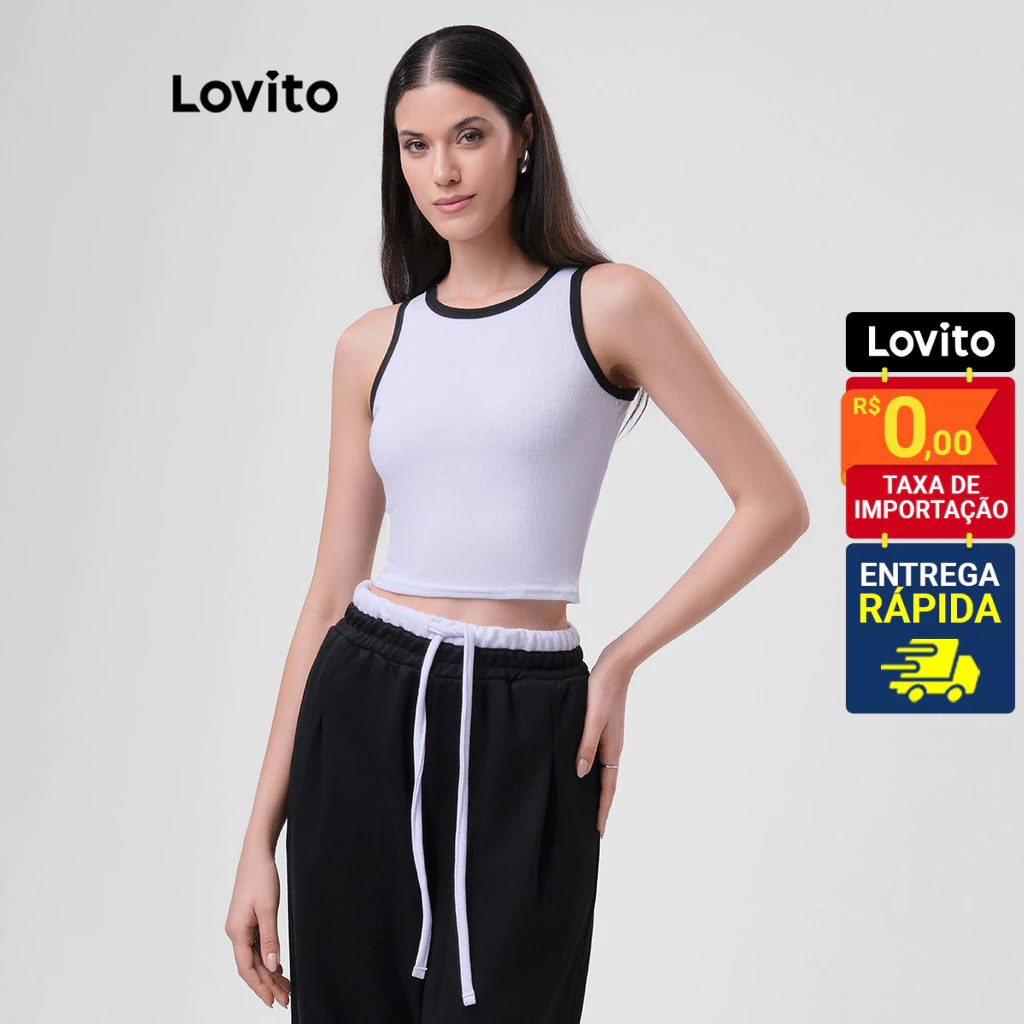 Lovito Regata Feminina Casual Lisa Decote Americano Viés Contrastante LB29BRL058 - Women Clothes