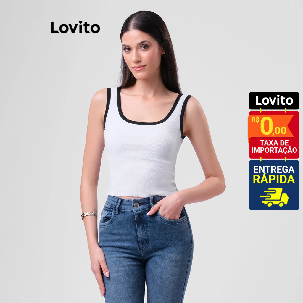 Lovito Regata Feminina Casual Lisa Decote Redondo Viés Contrastante LB31BRL060 - Women Clothes