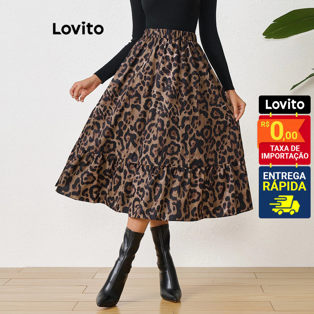 Lovito Saia Feminina Midi Estampa Animal Print LBL10225 em Oferta na Shopee