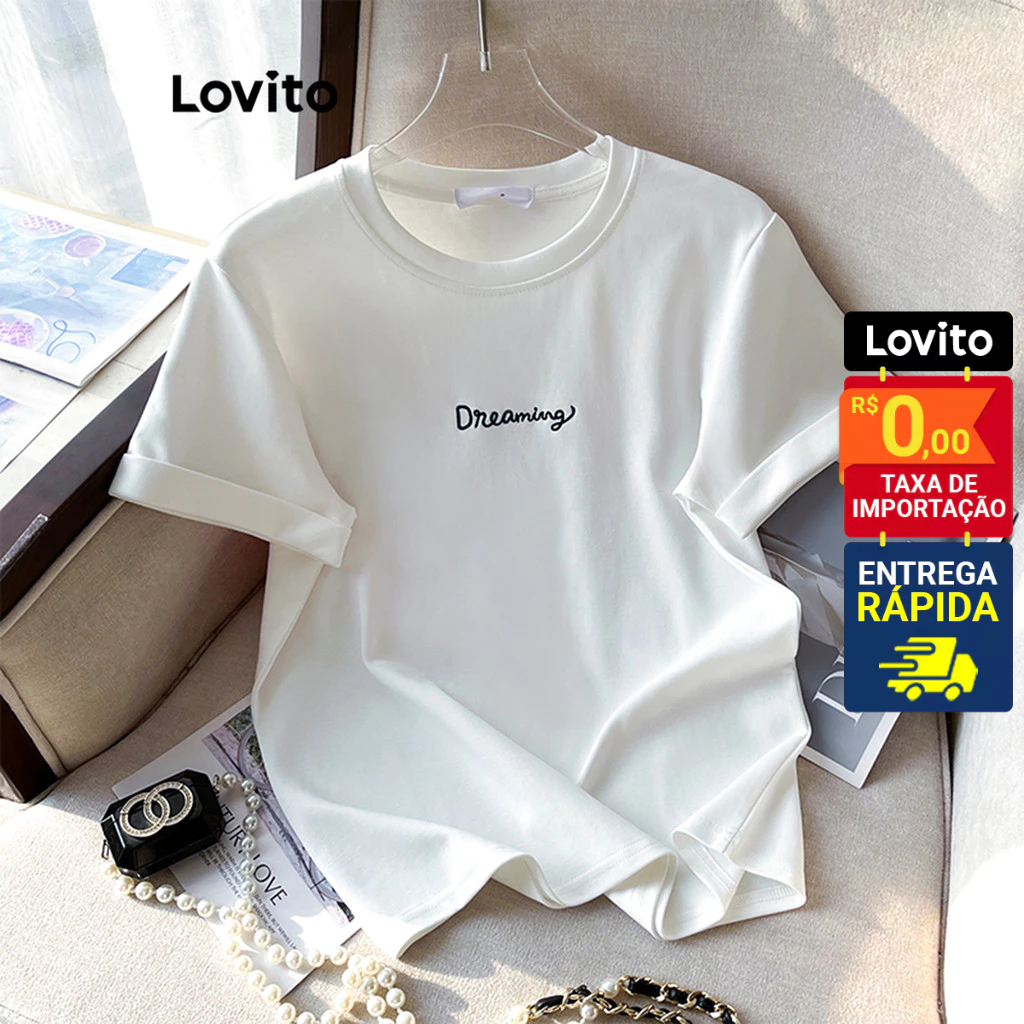 Lovito Camiseta Feminina Manga Curta com bordado Dreaming LNE55363 - Women Clothes