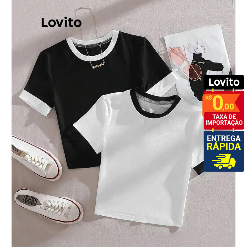 Lovito Camiseta Feminina Manga Curta Lisa com Gola e Detalhe na Manga em Contraste L86ED098