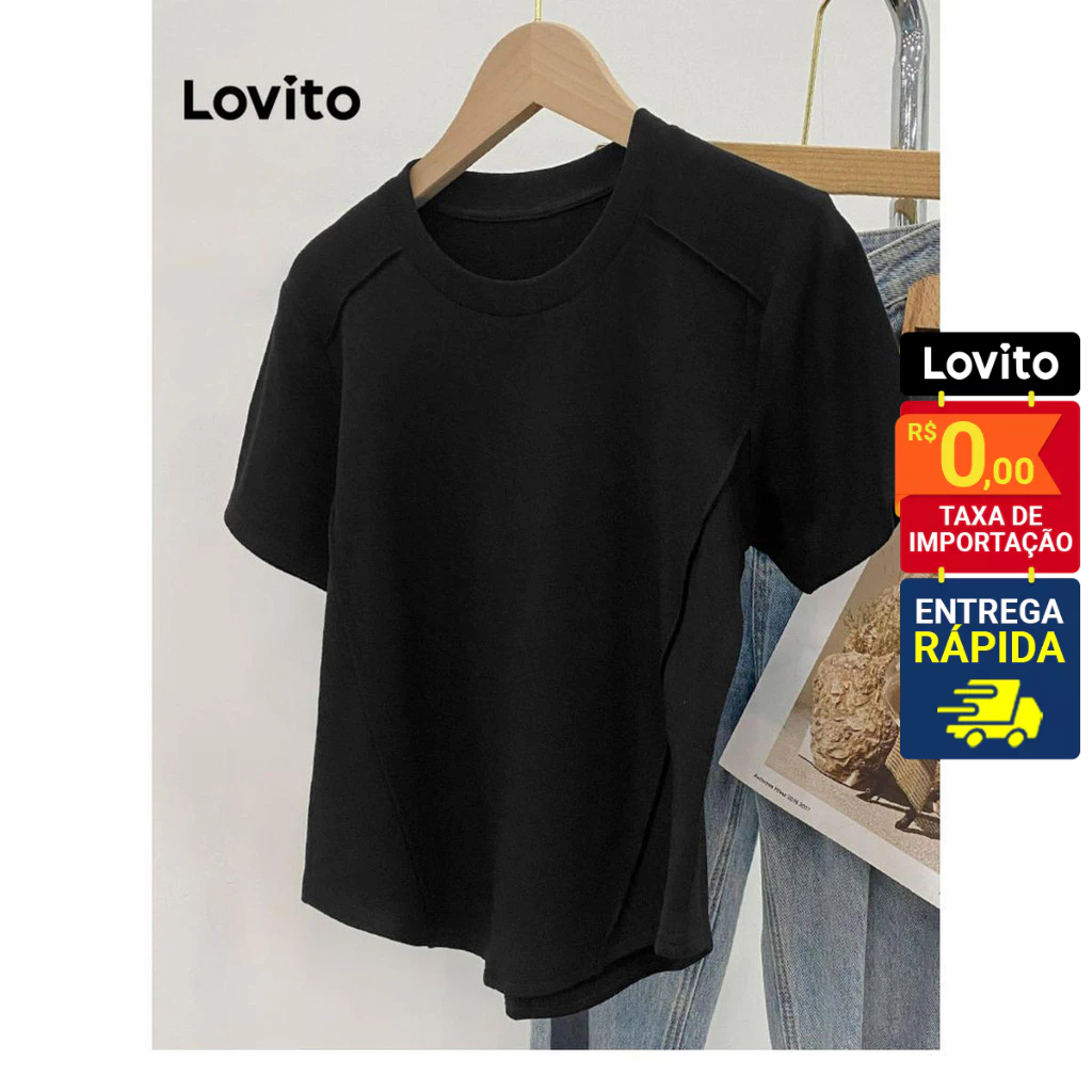 Lovito Camiseta feminina Manga Curta Lisa com detalhe de costura  LNE57009