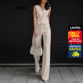 Lovito Conjunto Feminino Elegante Colete Assimétrico e Calça Reta LNL35035