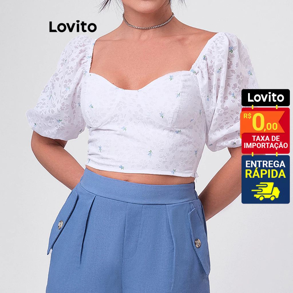 Lovito Blusa Decote Coração Manga Bufante Cropped Elegante Basica Feminina LB275BRL304 - Women Clothes