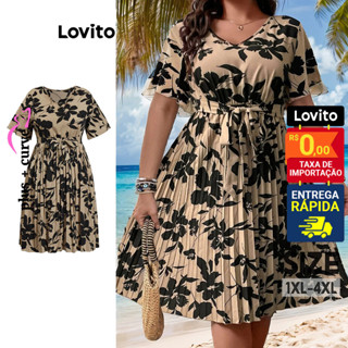 Lovito Vestido Plissado com Amarração e Estampa Floral Boho Elegante para Mulheres Plus Si...