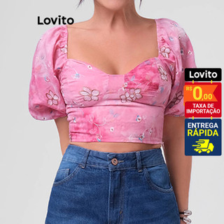 Lovito Blusa Casual Floral Com Decote Em Coração E Manga Bufante Cortada Para Mulheres LB278BRL307 em Oferta na Shopee