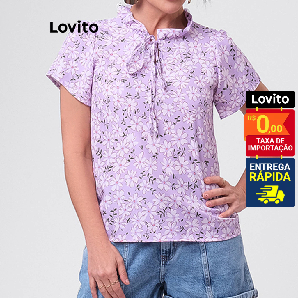 Lovito Blusa Gola Padre Com Amarração e Babado Manga Curta Estampado Floral Feminina LB251BRL280