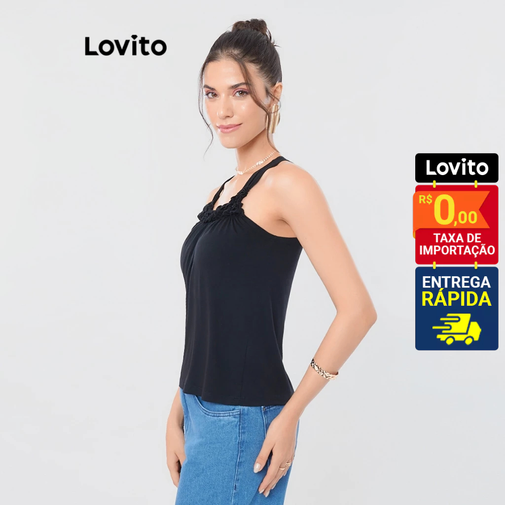 Lovito Top Alças Finas Com Aplicação de Flor Basico Feminino LB1BRL031 em Oferta na Shopee