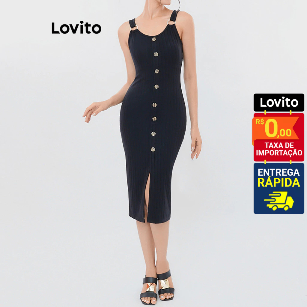 Lovito Vestido Midi Com Botões Frontais Rib Feminino Basico LB228BRL257 em Oferta na Shopee